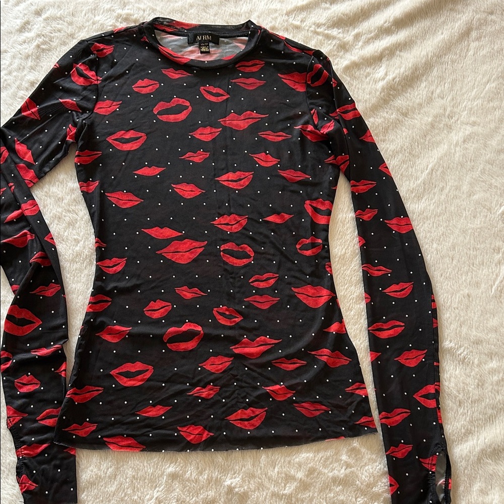 AFRM Black Long Sleeve Top with Red Lip Pattern